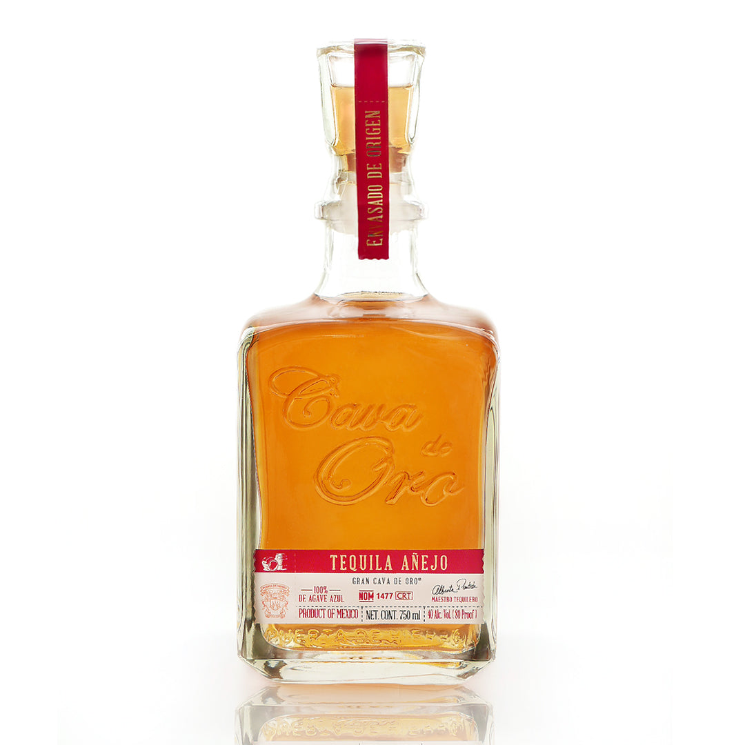 Cava de Oro Anejo tequila 750 ml bottle on a white background