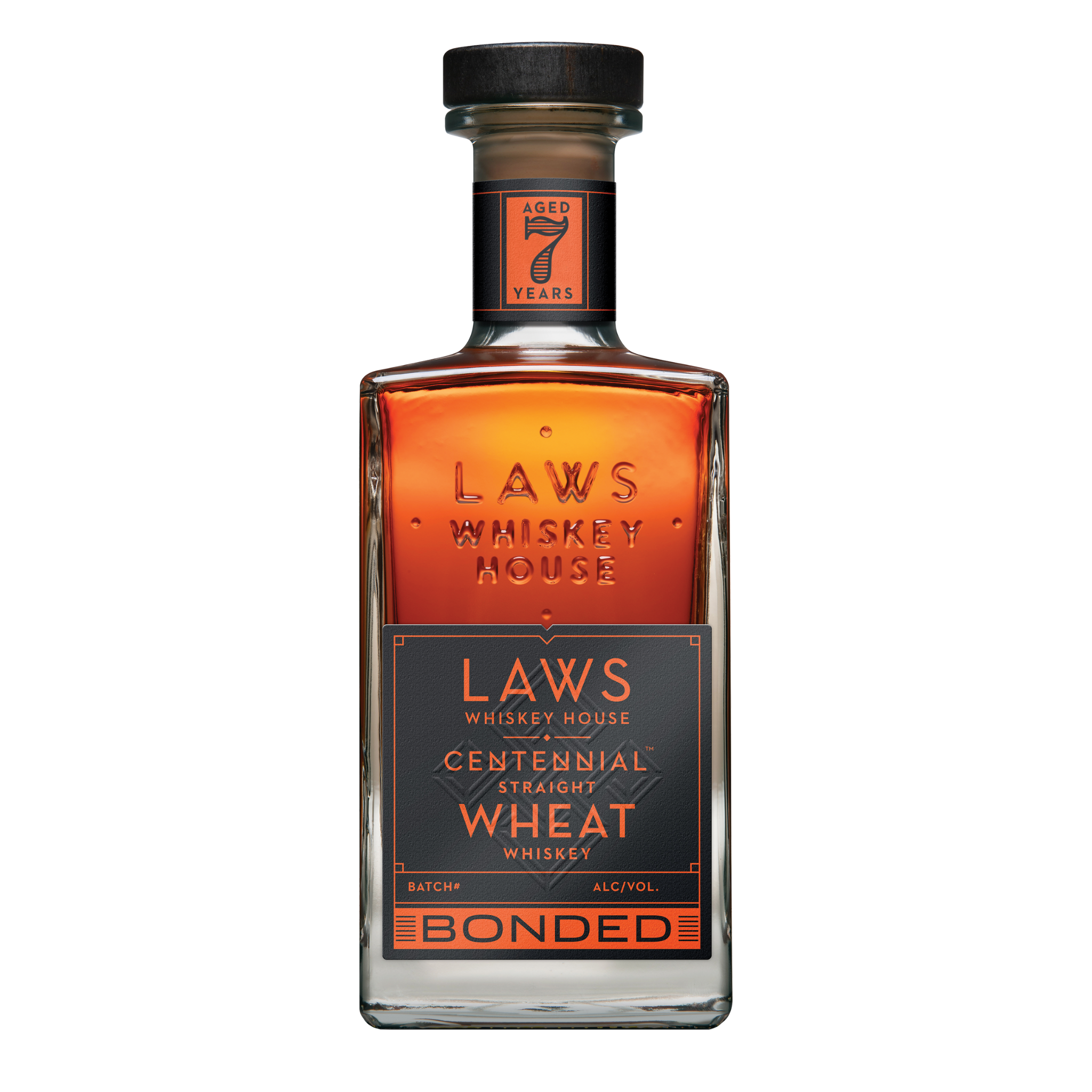 Laws Bottled in Bond Centennial Straight Wheat Whiskey aged 7 years 750 ml bottle on a white background