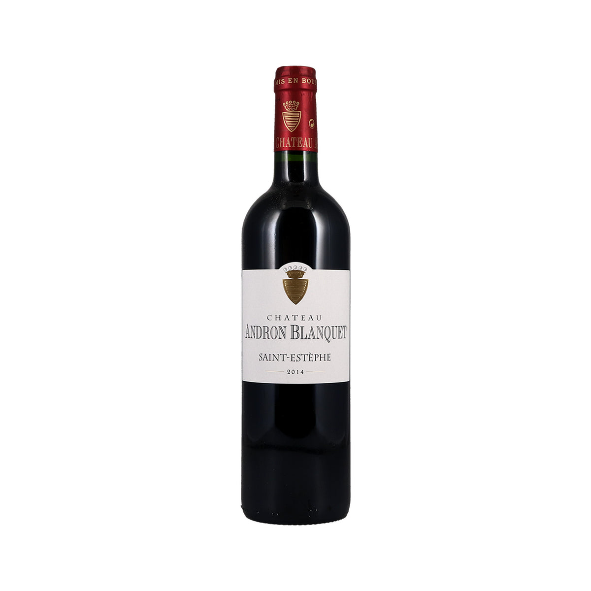 Chateau Andron Blanquet Saint-Estephe 2014 bottle on a white background