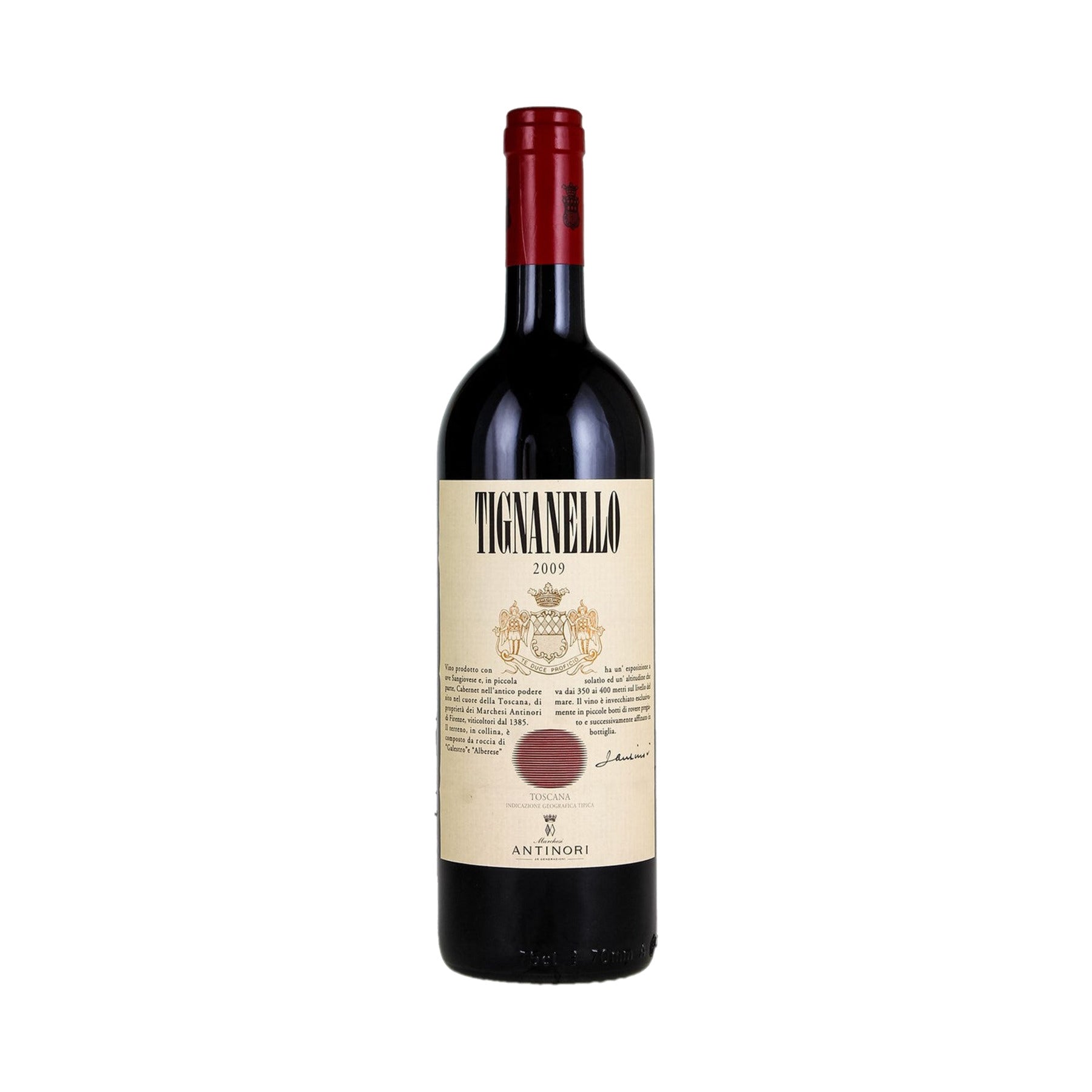 Antinori Tignanello 2021 Toscana red wine bottle on a white background