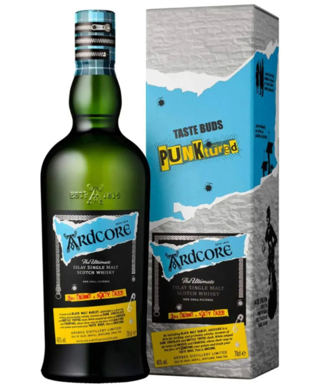 Ardbeg Ardcore limited edition Islay single malt Scotch whisky bottle and box on a white background