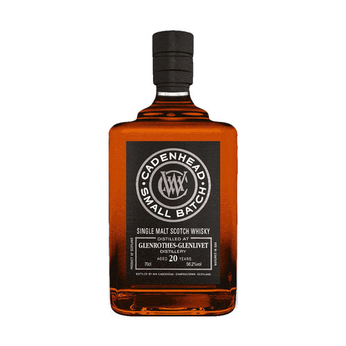 Cadenhead's Glenrothes-Glenlivet 20 Year Old small batch single malt Scotch whisky 750 ml bottle and box on a white background
