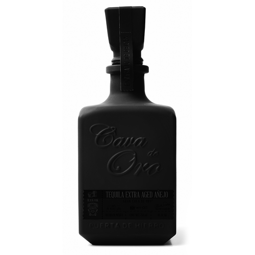 Cava de Oro Extra Aged Añejo Black tequila 750 ml bottle on a white background