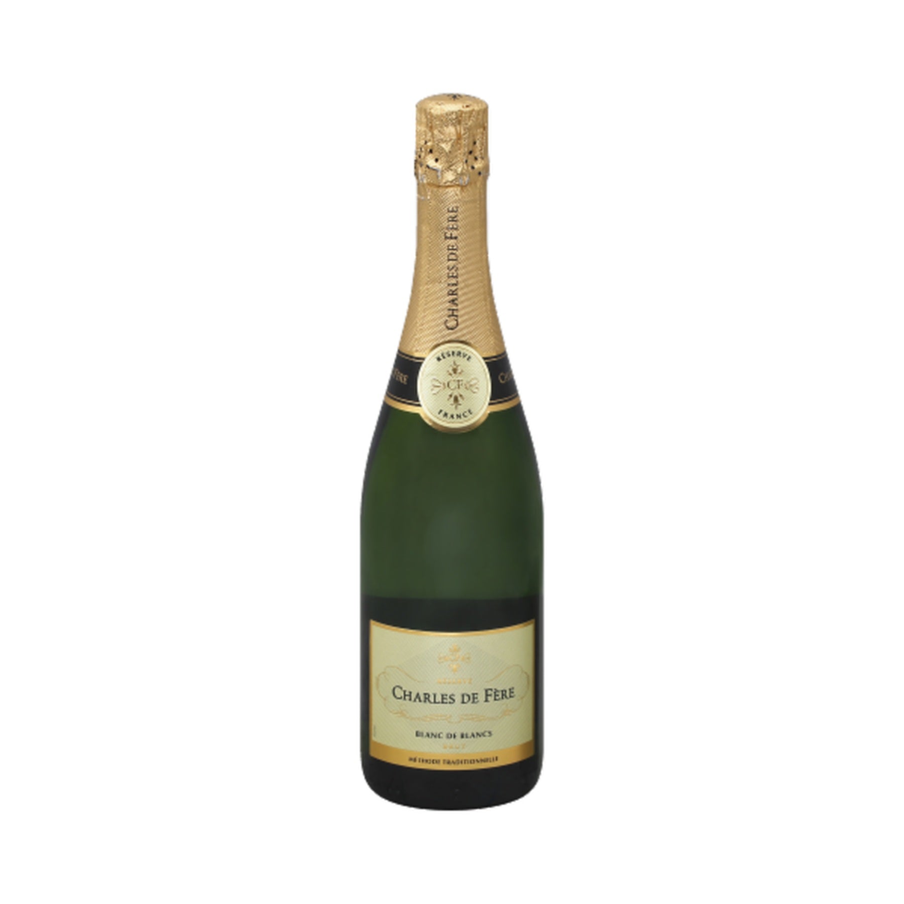 Charles de Fere Reserve Blanc de Blancs Brut NV 750ml bottle on a white background