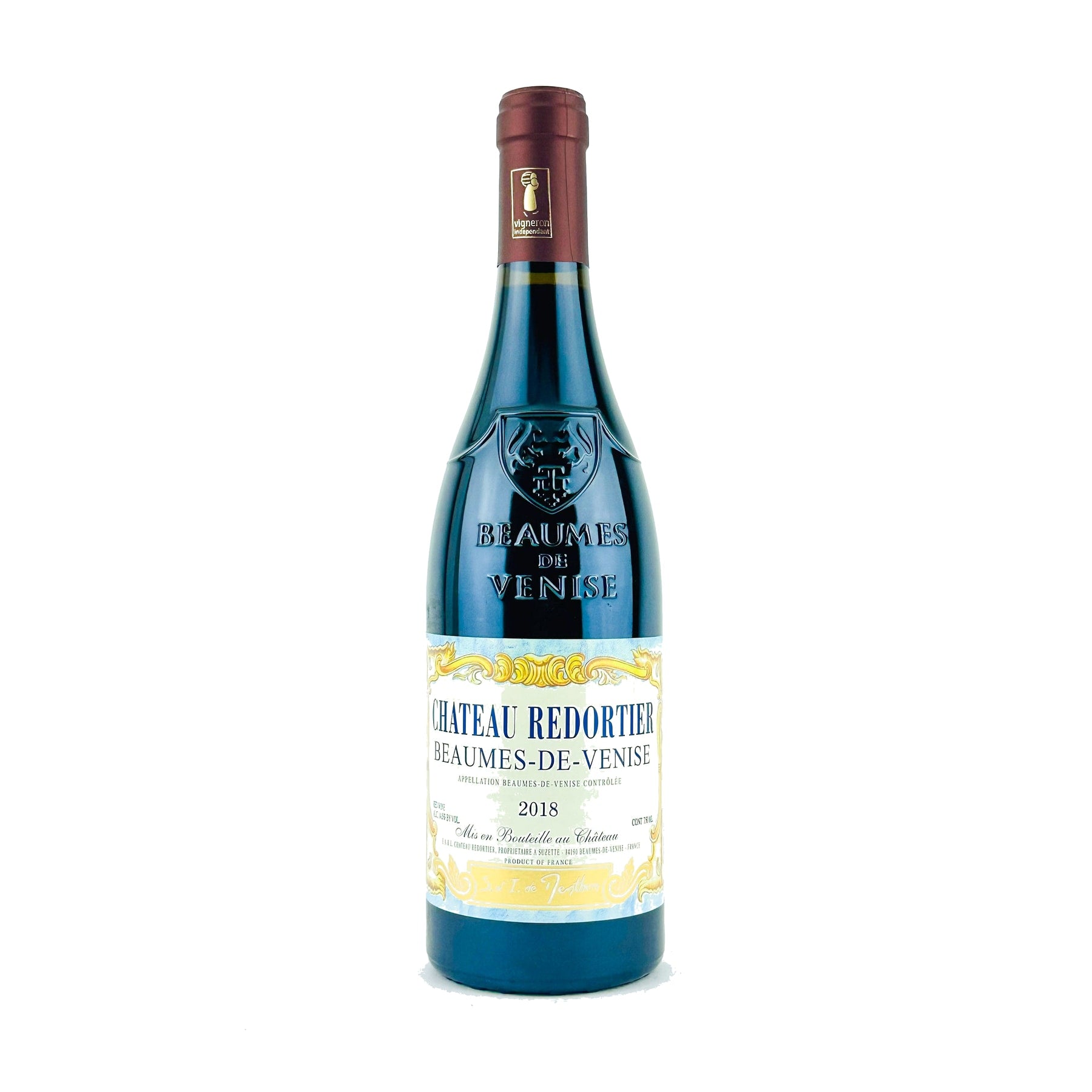 Château Redortier Beaumes-de-Venise 2018 bottle on a white background