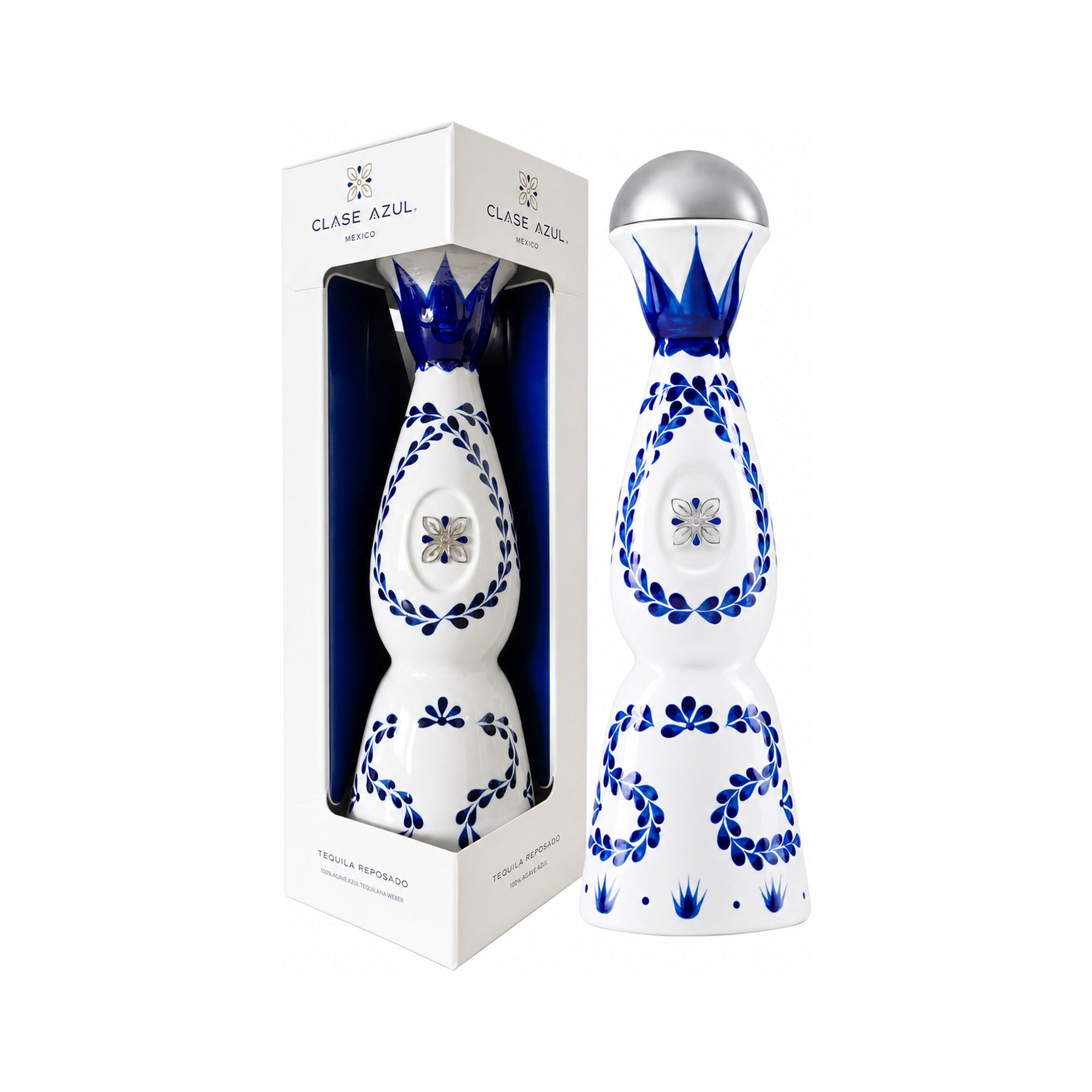 Clase Azul Reposado Tequila 750ml bottle and presentation box on a white background