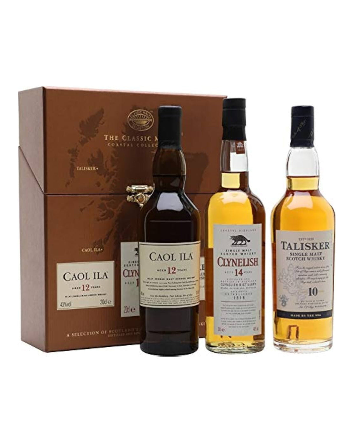 The Classic Malts Coastal Collection gift set with Caol Ila 12, Clynelish 14 and Talisker 10, three 200 ml bottles and box on a white background