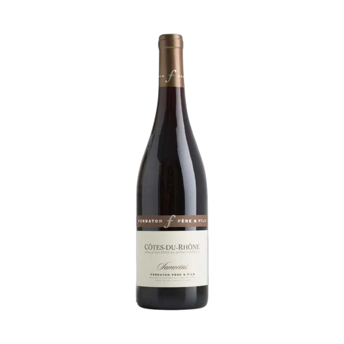 Ferraton Pere and Fils Samorens Cotes du Rhone red wine bottle on a white background