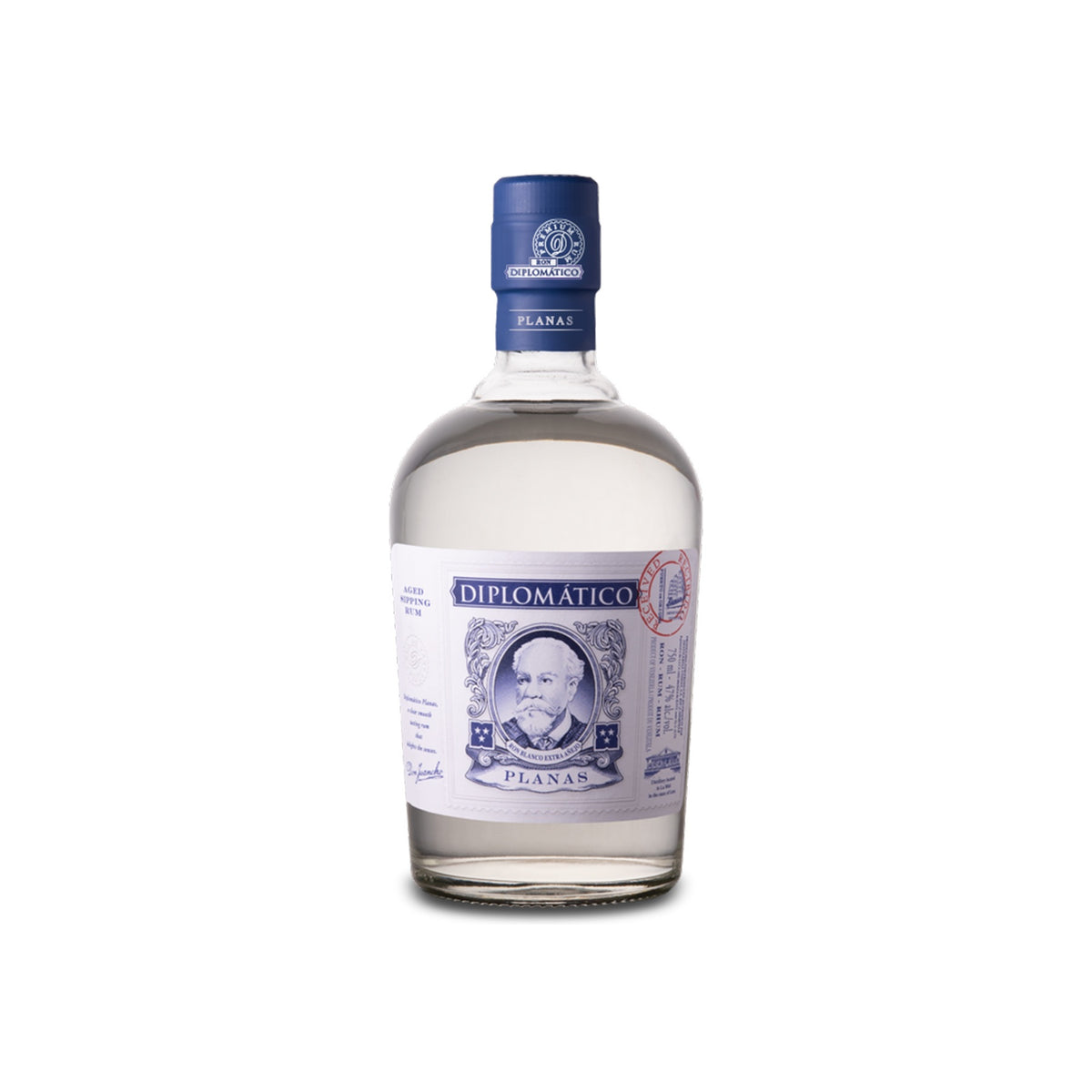 Diplomatico Planas aged white rum 750ml bottle on a white background