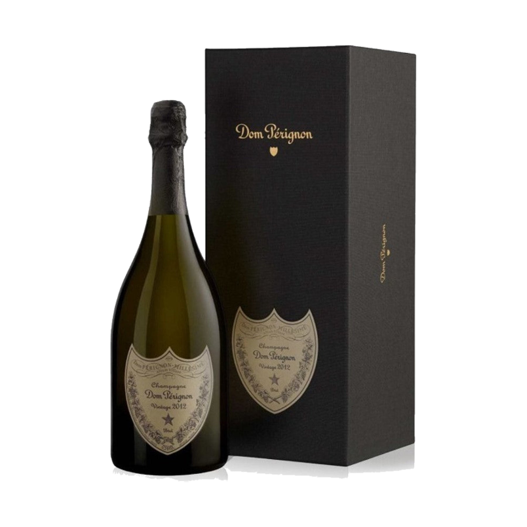 Dom Pérignon Vintage 2012 Champagne 750ml bottle with gift box on a white background