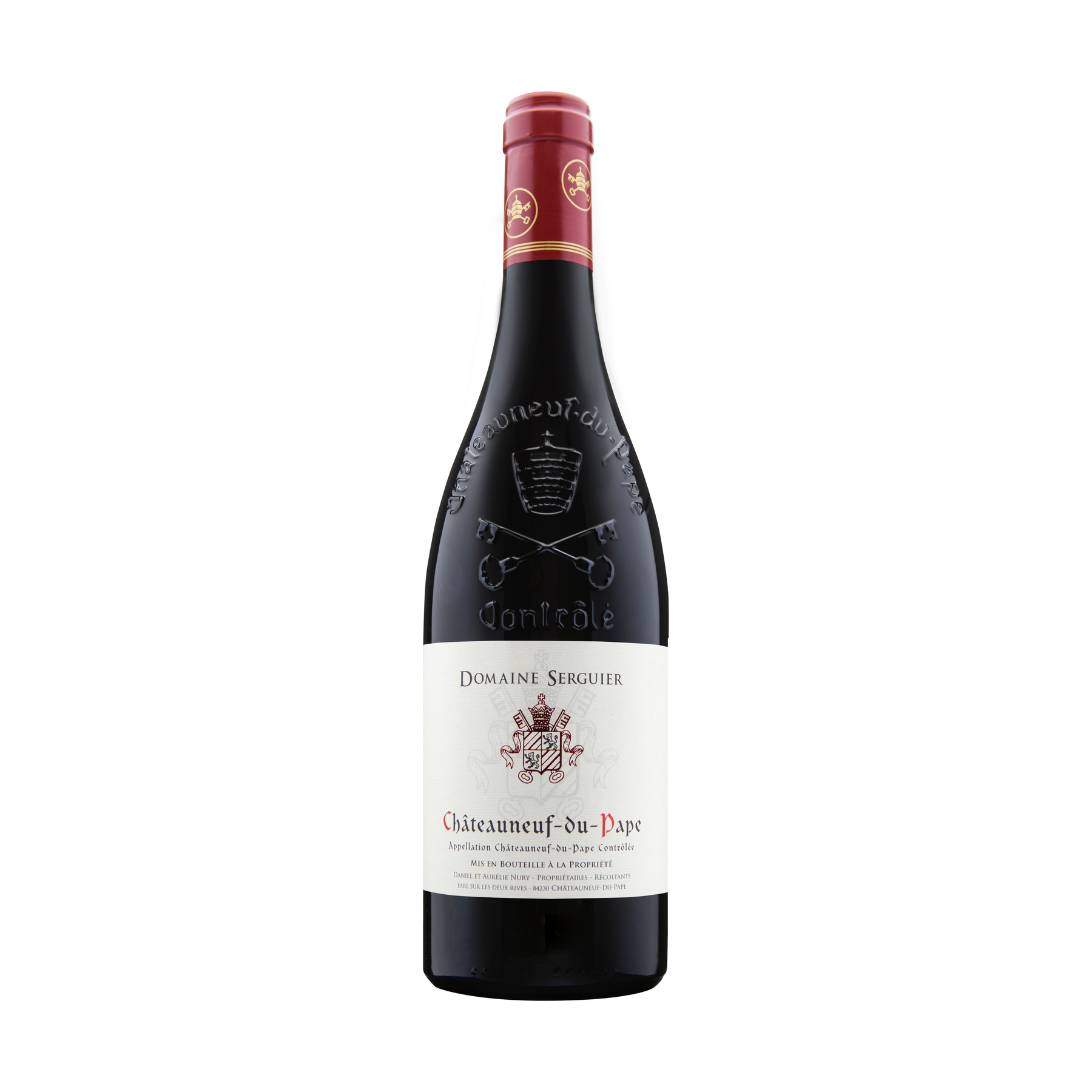 Domaine Serguier Châteauneuf-du-Pape 2022 red wine bottle on a white background