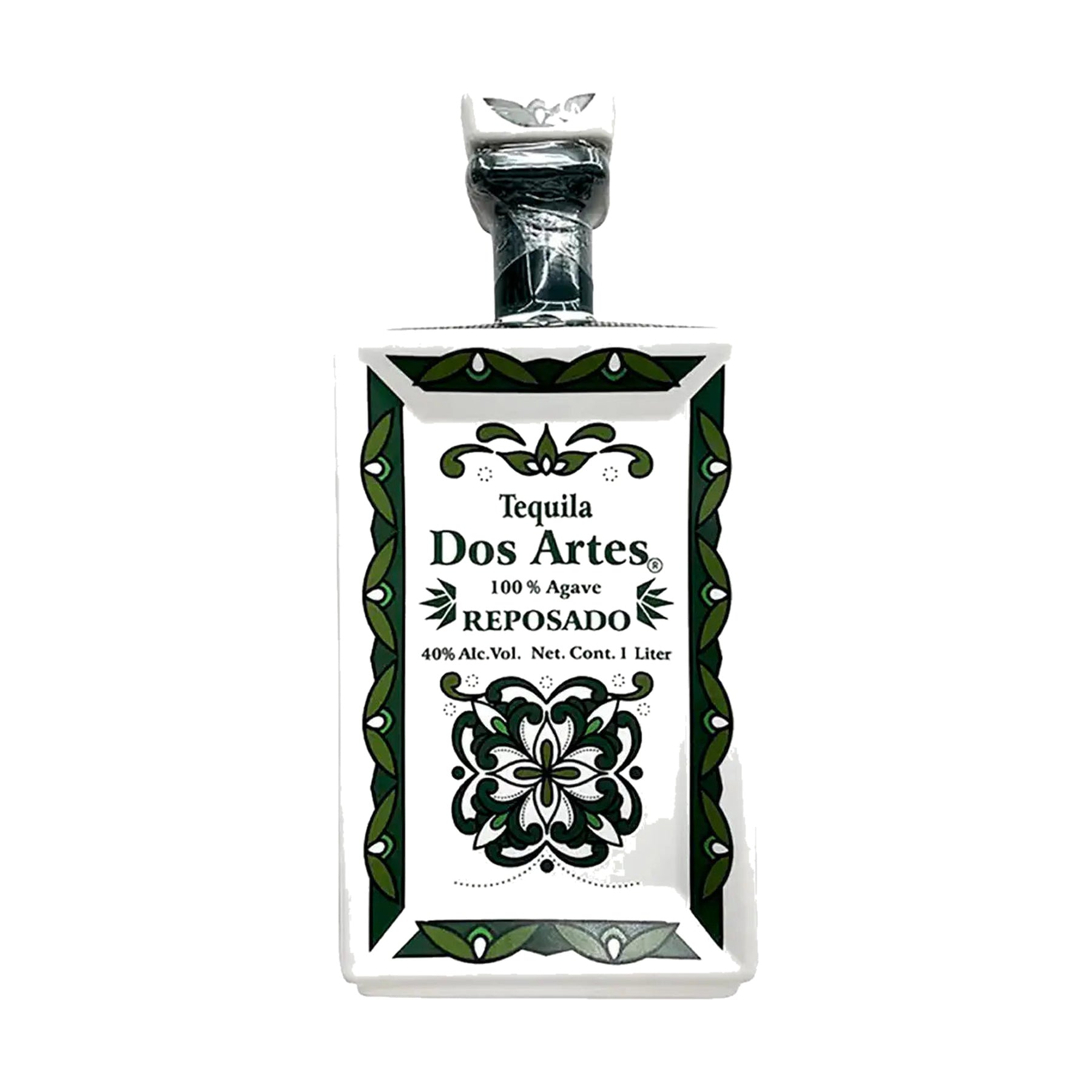 Dos Artes Reposado Tequila 1-liter ceramic bottle on a white background