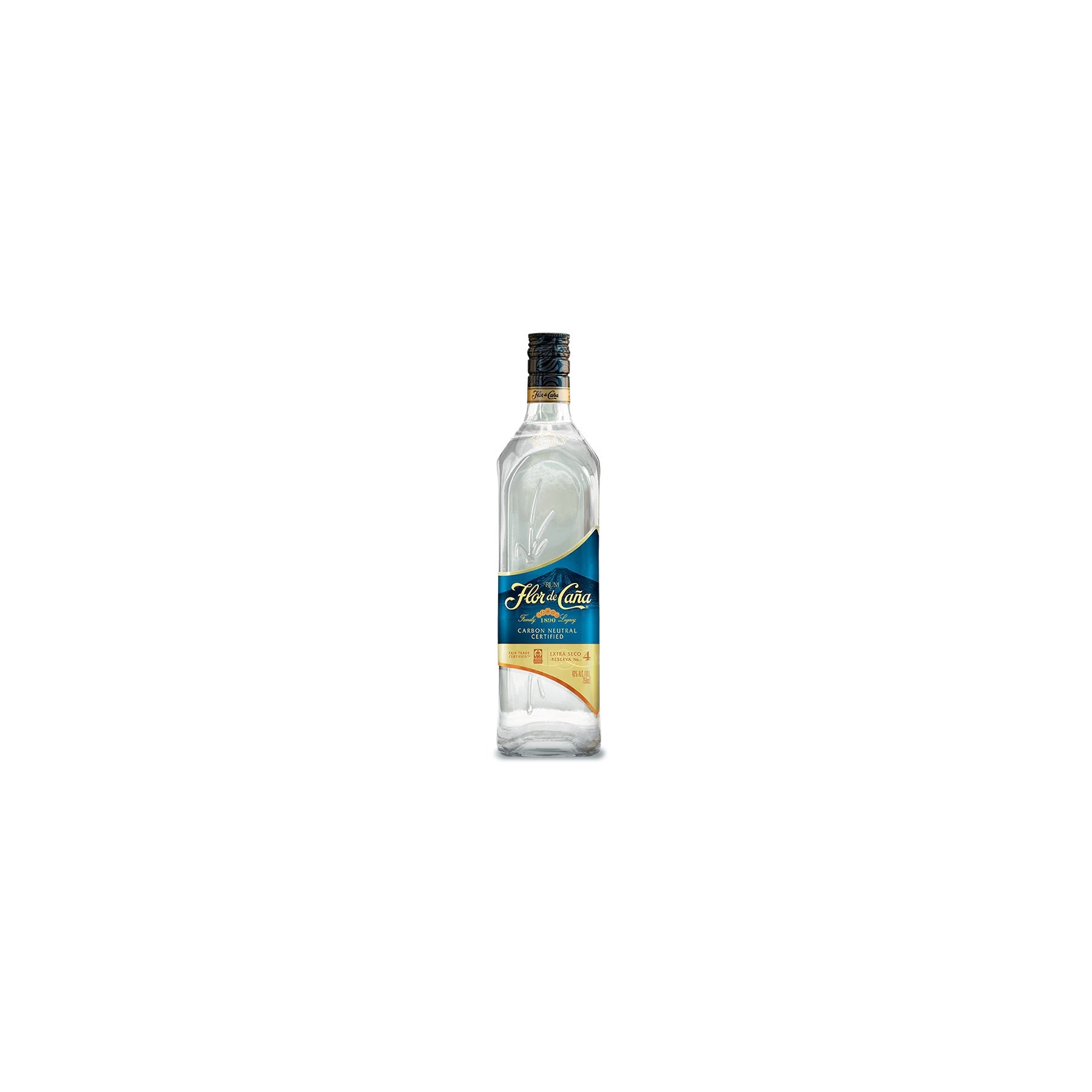 Flor de Cana Extra Seco 4 Year white rum 750ml bottle on a white background