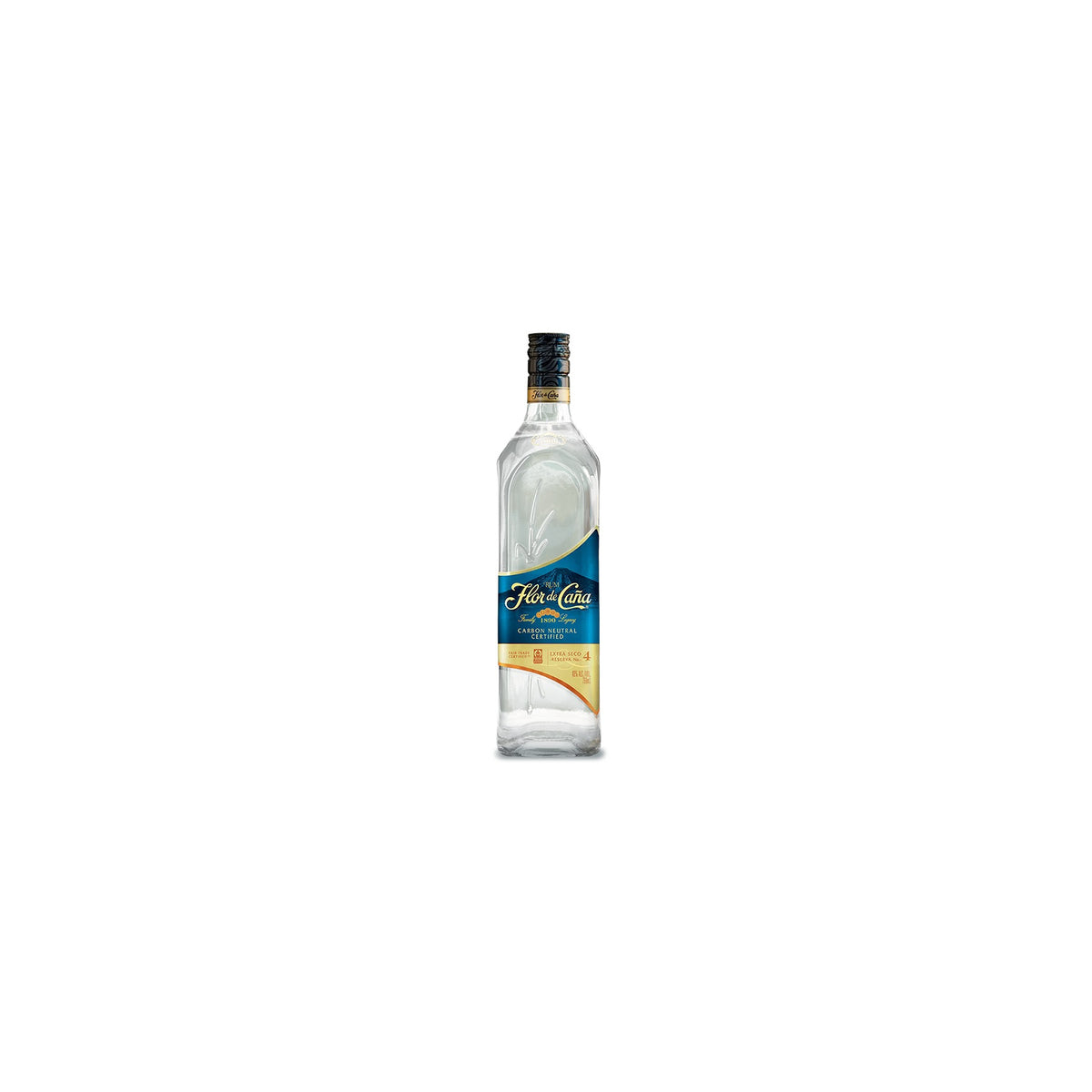 Flor de Cana Extra Seco 4 Year white rum 750ml bottle on a white background