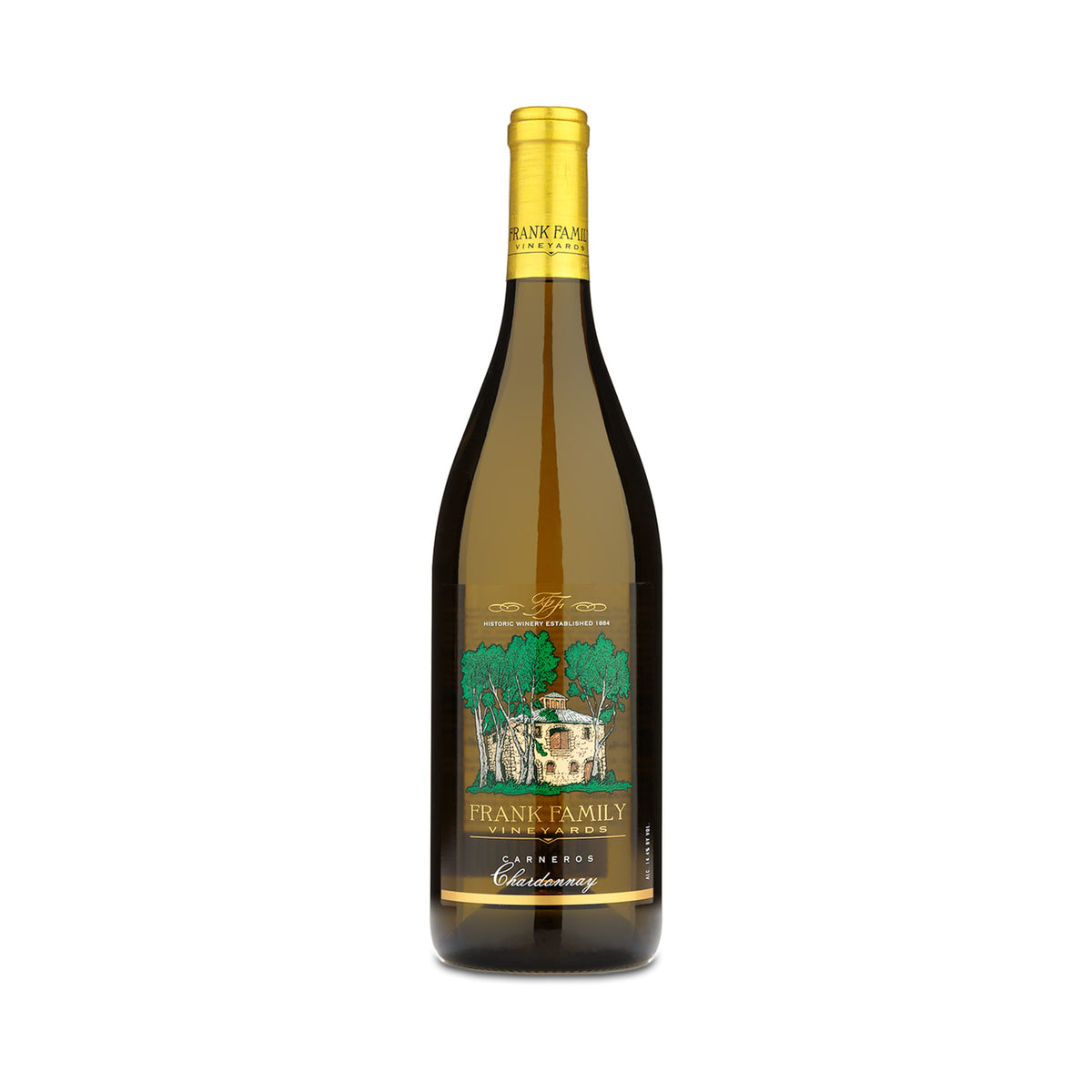 Frank Family Carneros Chardonnay bottle on a white background