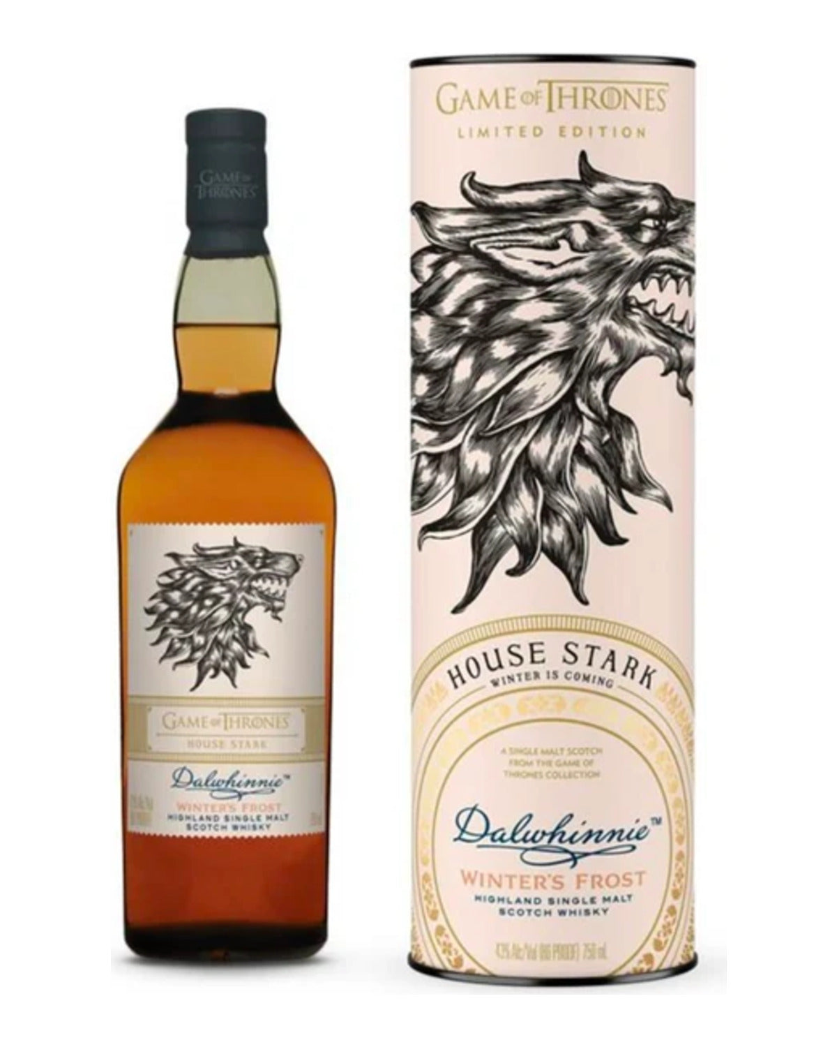 Dalwhinnie Winter's Frost Game of Thrones House Stark Highland single malt Scotch whisky 750 ml bottle and tube on a white background