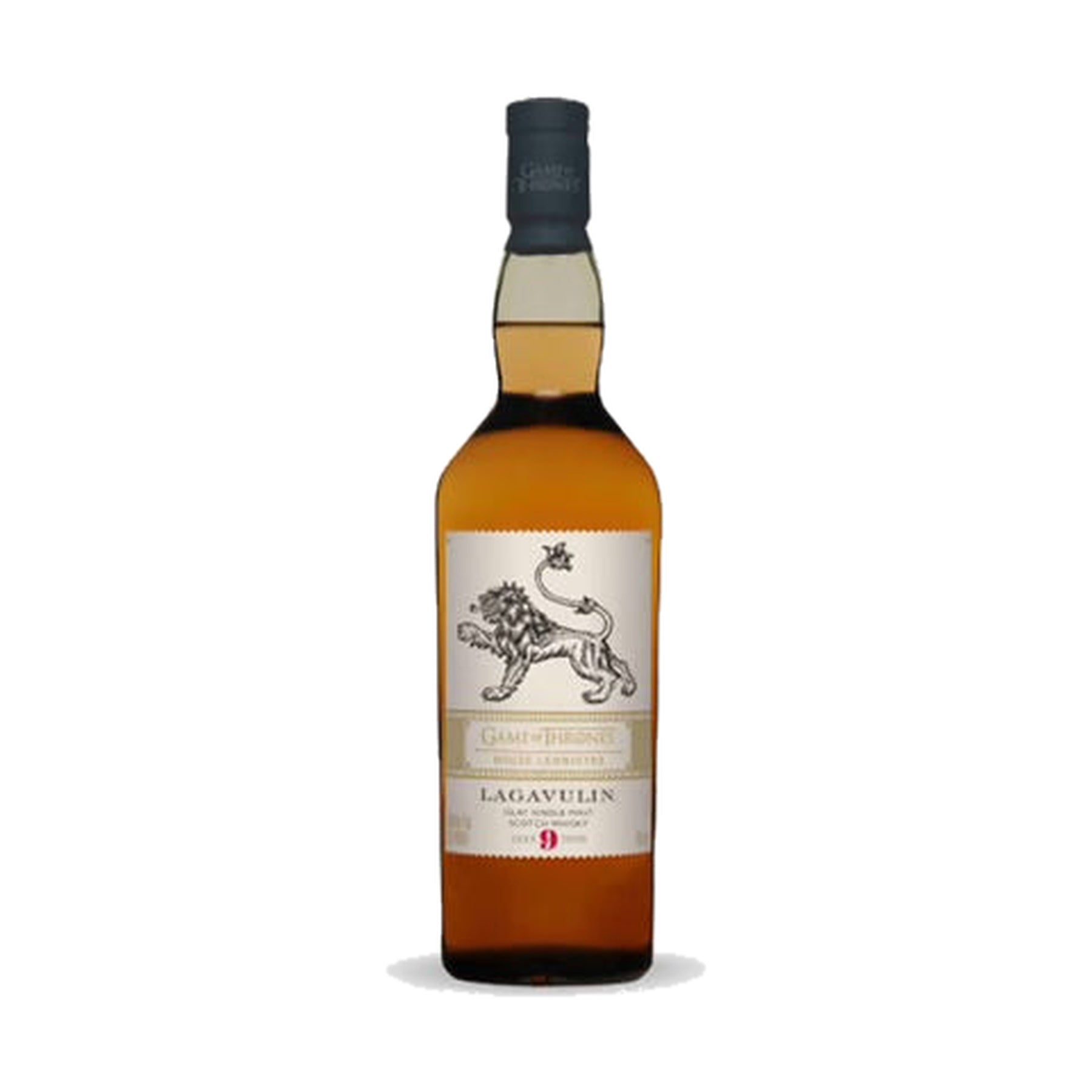 Lagavulin 9 Year Old Game of Thrones House Lannister Islay single malt Scotch whisky 750 ml bottle and box on a white background