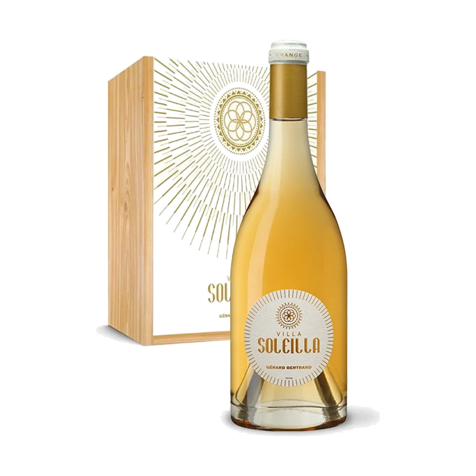 Gérard Bertrand Villa Soleilla 2020 orange wine bottle and wooden presentation box on a white background