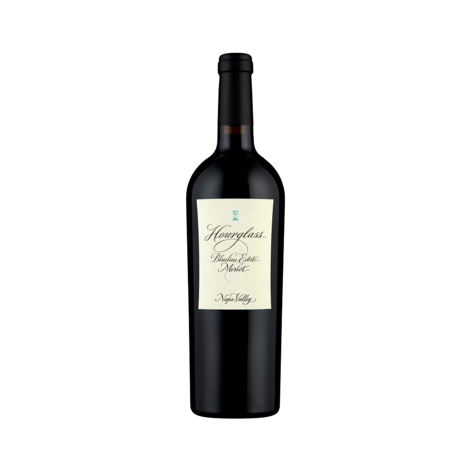 Hourglass Blueline Estate Merlot bottle on a white background