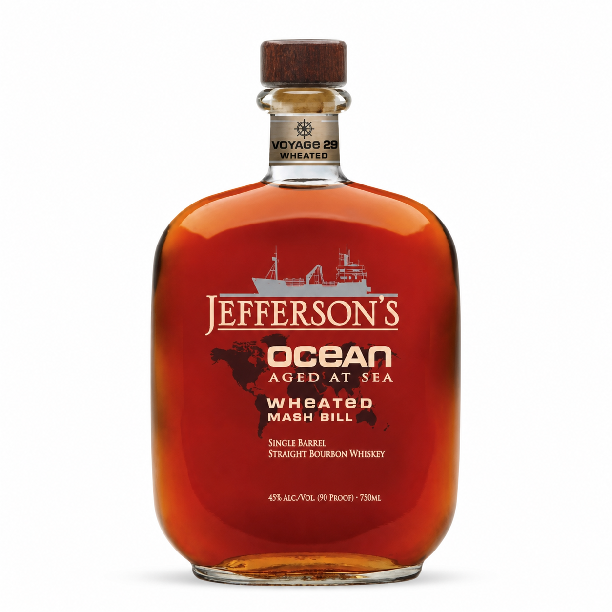 Jefferson's Ocean Aged at Sea Voyage 29 wheated bourbon whiskey 750ml bottle on a white background