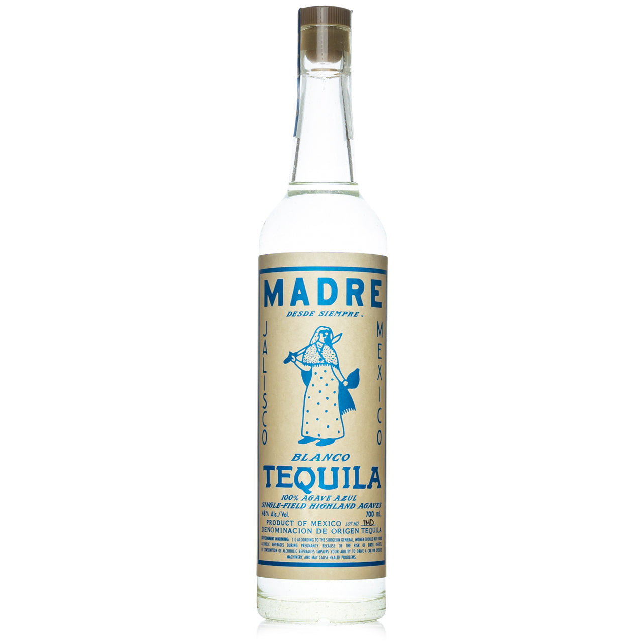 Madre Blanco tequila bottle on a white background; actual size may differ