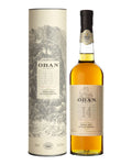 Oban 14 Year Old single malt Scotch whisky 750 ml bottle and presentation tube on a white background