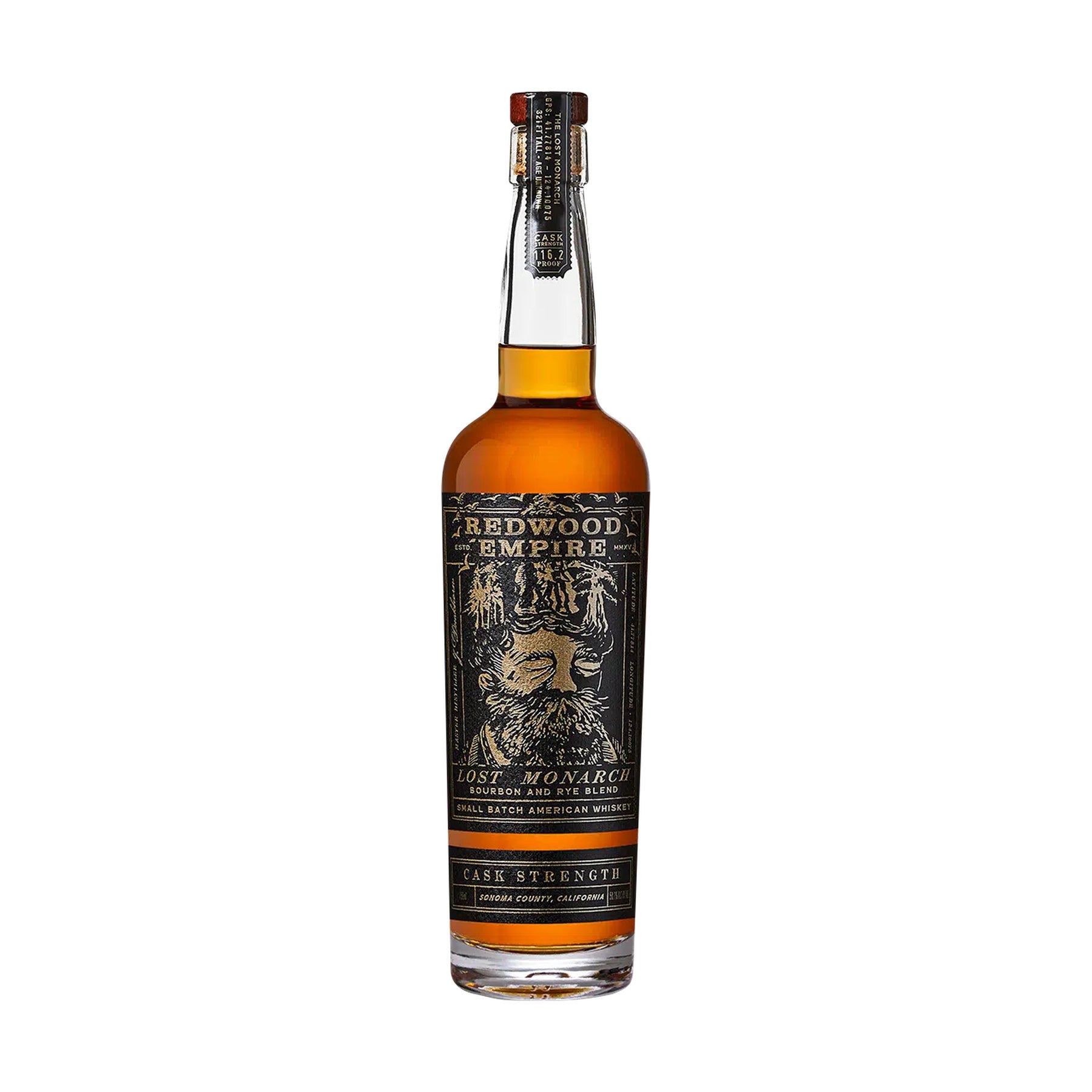 Redwood Empire Lost Monarch Cask Strength bourbon rye 750 ml bottle on a white background