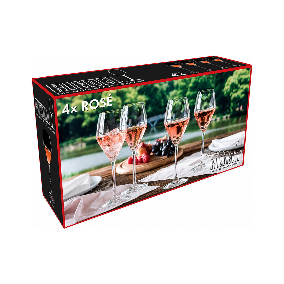 Riedel Rose four-pack wine glass set box on a white background