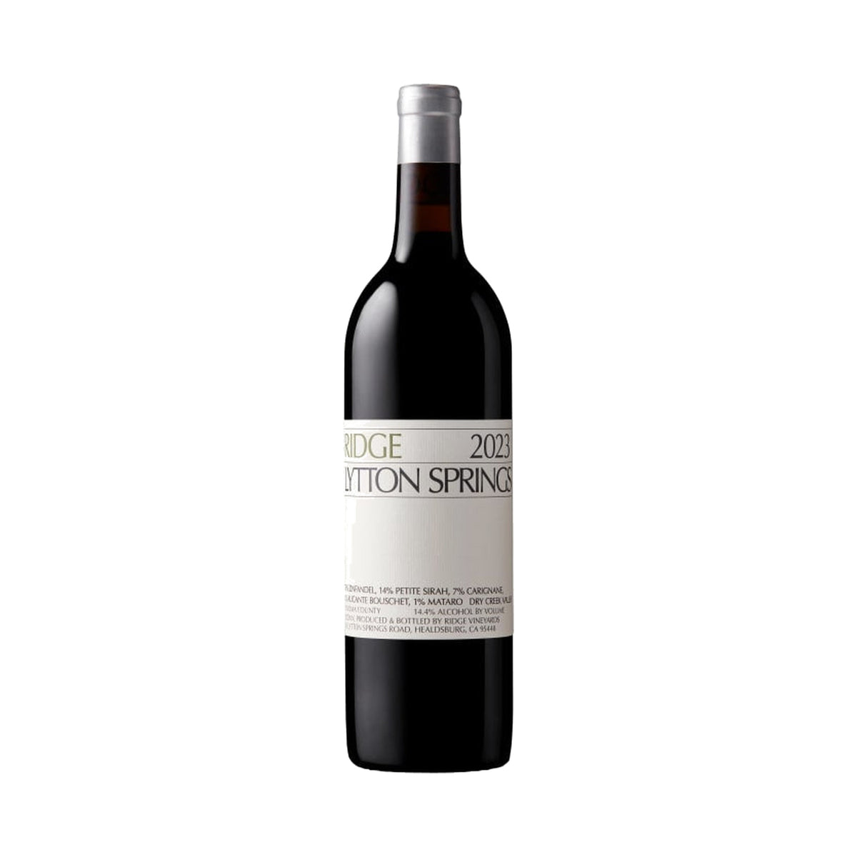 Ridge Lytton Springs 2023 red wine bottle on a white background