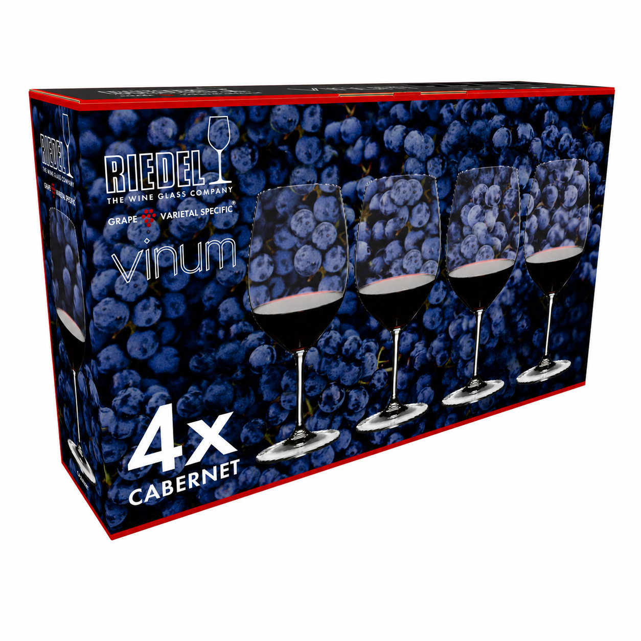 Riedel Vinum Cabernet glass set in retail packaging on a white background