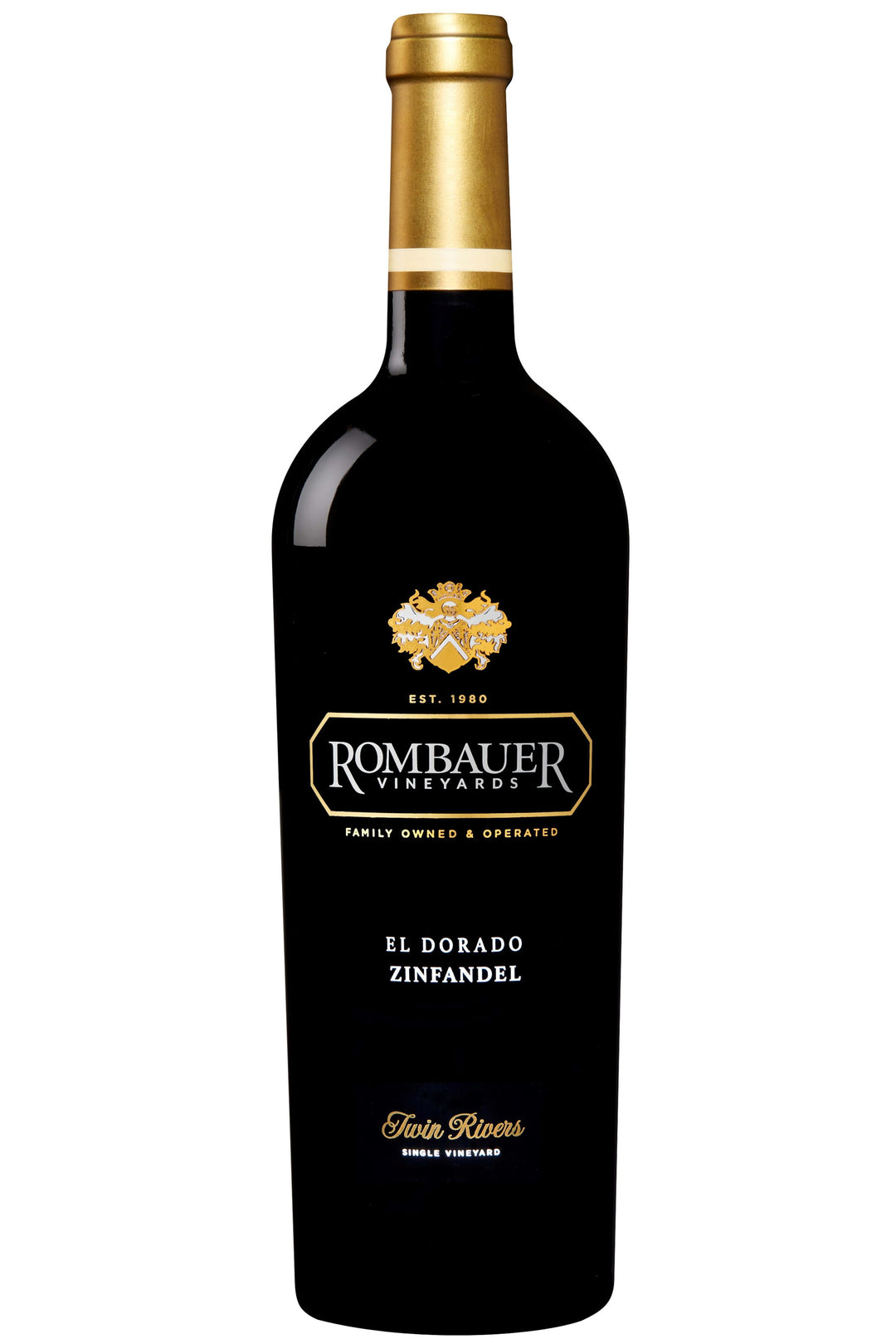 Rombauer El Dorado Twin Rivers Zinfandel bottle on a white background