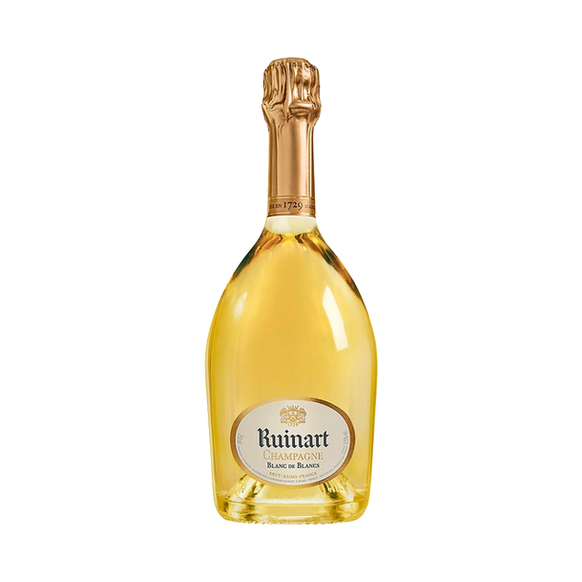 Ruinart Blanc de Blancs Champagne bottle on a white background