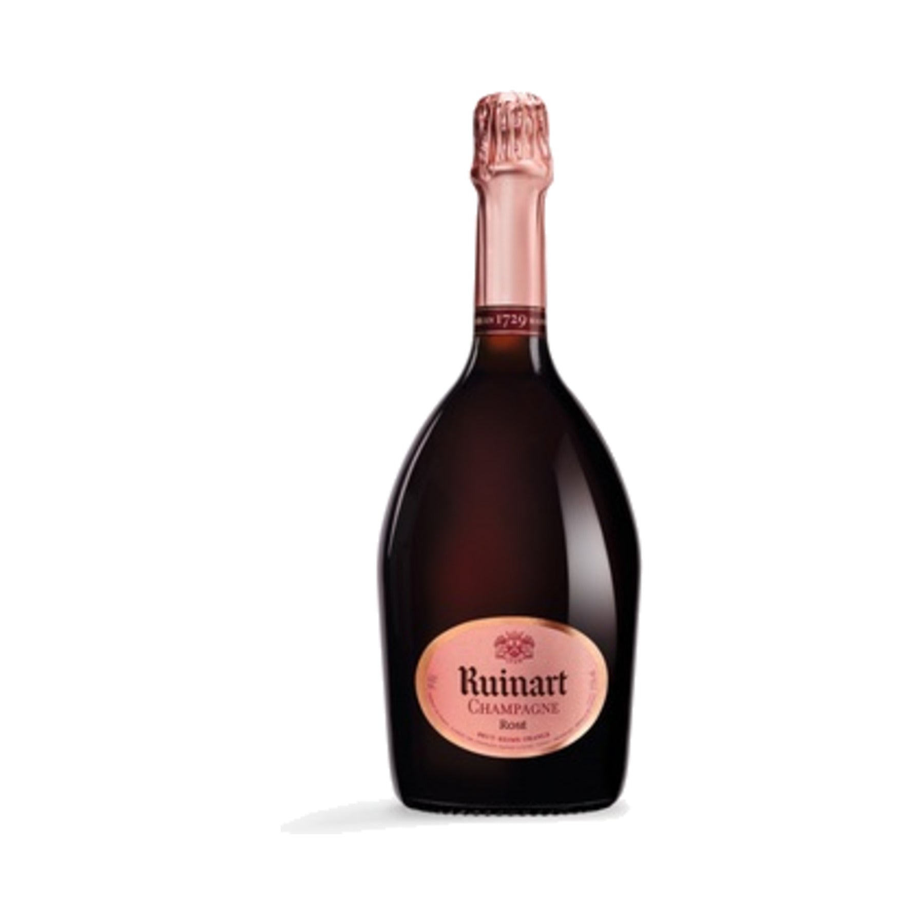 Ruinart Rose Champagne bottle on a white background