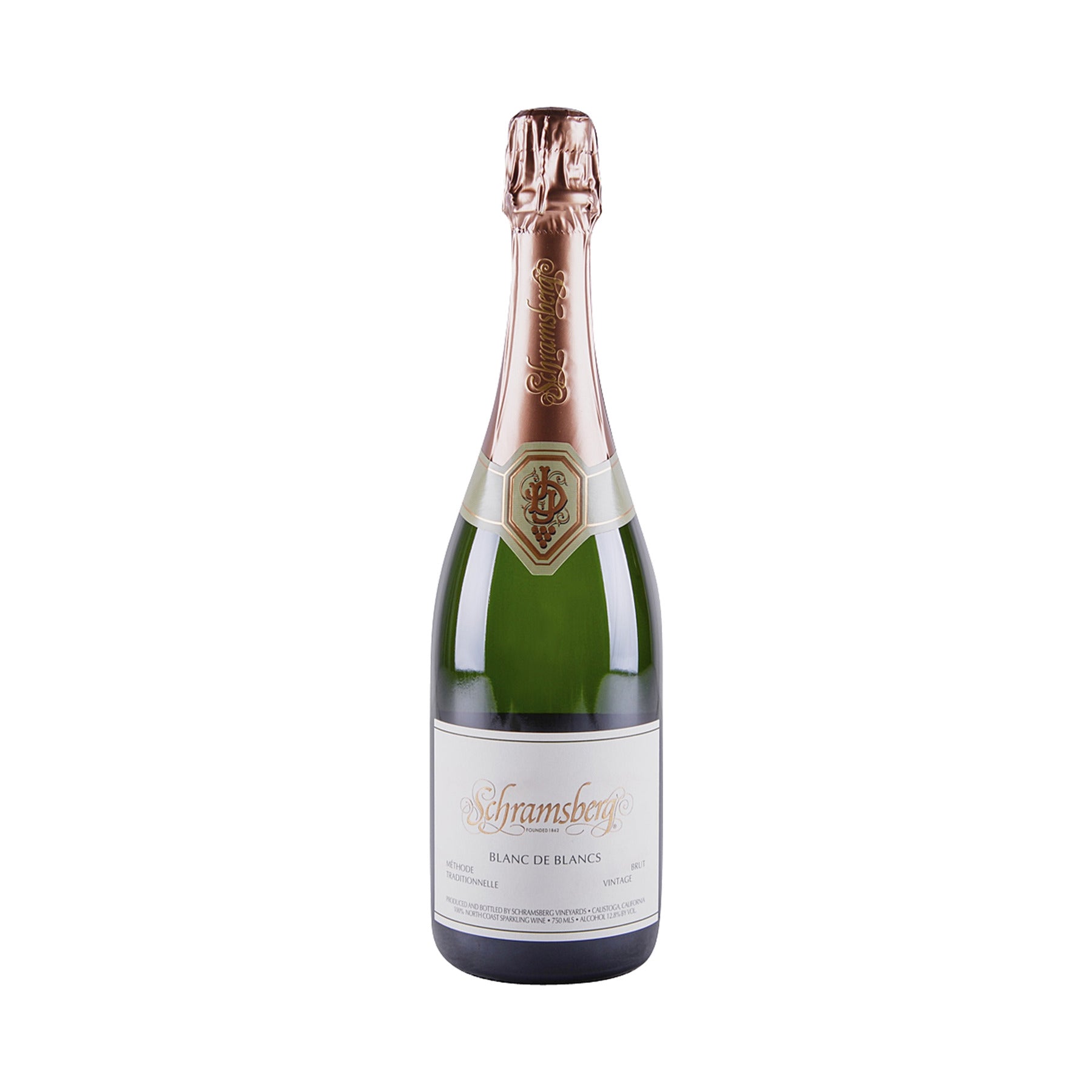 Schramsberg Blanc de Blancs sparkling wine bottle on a white background