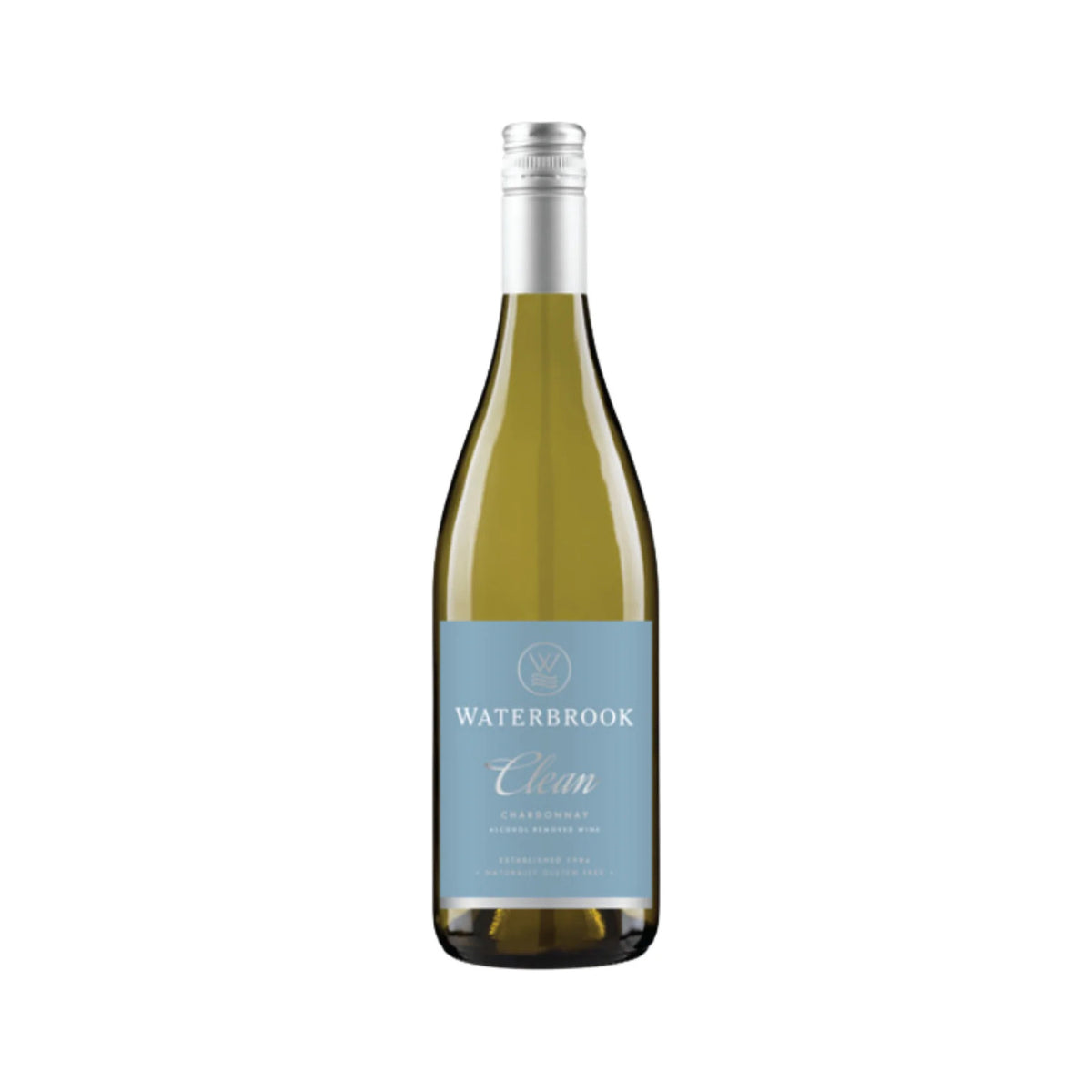 Waterbrook Clean non-alcoholic Chardonnay bottle on a white background